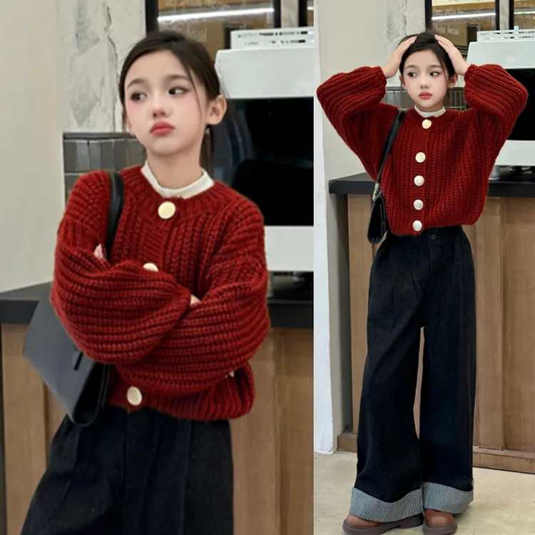 巴拉⁣巴拉恩女童毛衣外套秋冬2024新款女大童加绒红色针织儿童初