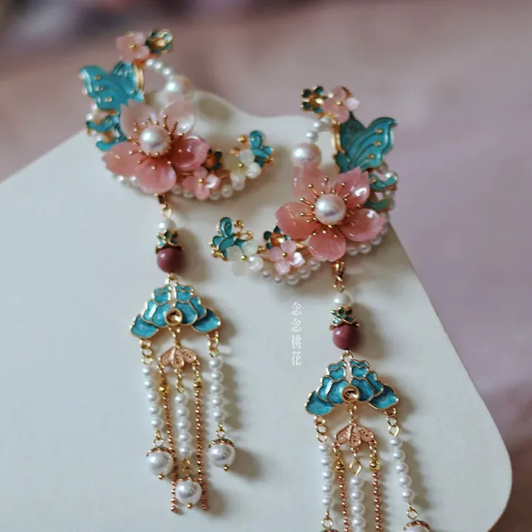 【蝶恋花】原创烧蓝发夹珍珠流苏边夹古风明制汉服发饰对夹头饰