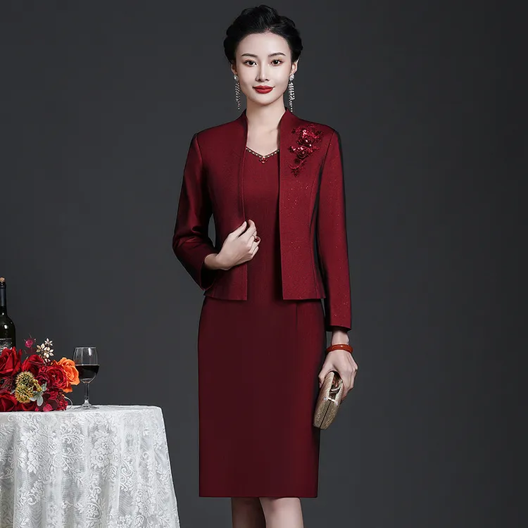男方妈妈婚礼装高档连衣裙两件套夏小个子喜婆婆装礼服丈母娘旗袍