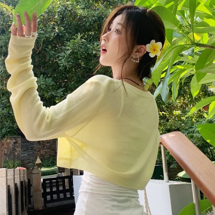 开衫外搭开衫女罩衫2025新款秋季搭吊带透气披肩黄色针织上衣