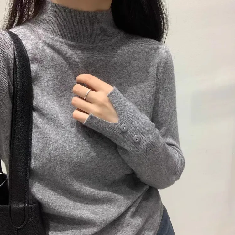 2025秋冬长袖新款半高领针织打底衫女套头百搭修身设计感内搭毛衣