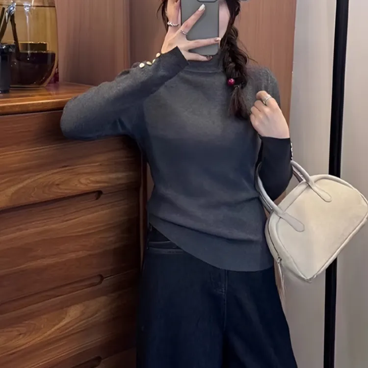 灰色半高领毛衣内搭2025春秋季新纽扣针织衫洋气打底衫上衣潮