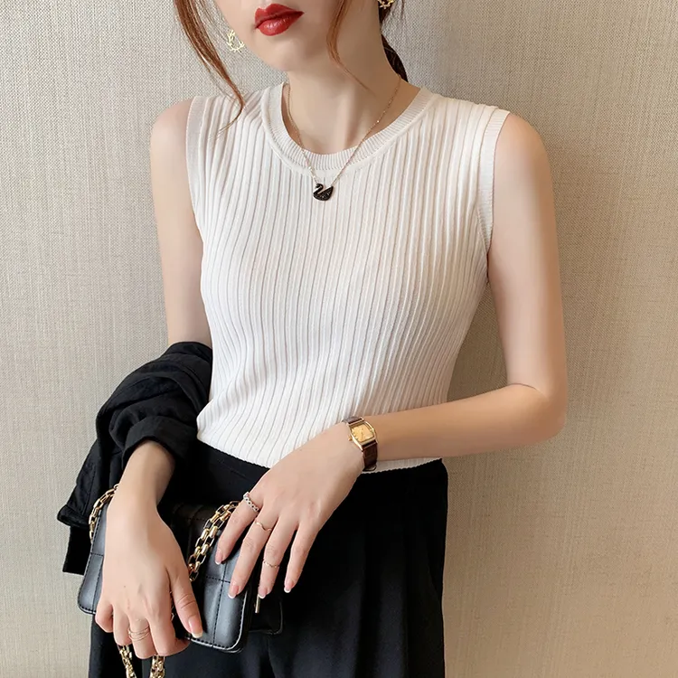 白色打底背心女小西装内搭夏外穿冰丝薄款简约纯色针织衫无袖0343