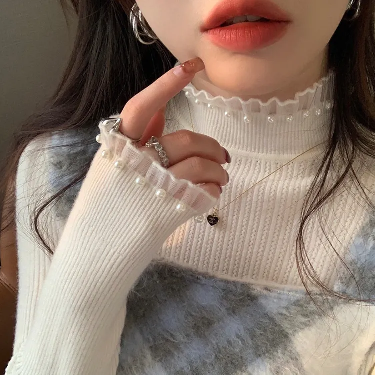 蕾丝打底衫女秋冬款2025新款洋气内搭毛衣半高领上衣小香风针织衫