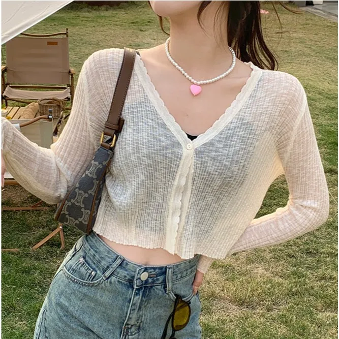 长袖V领薄款开衫女吊带裙的外搭洋气显瘦外套气质女短款上衣 
