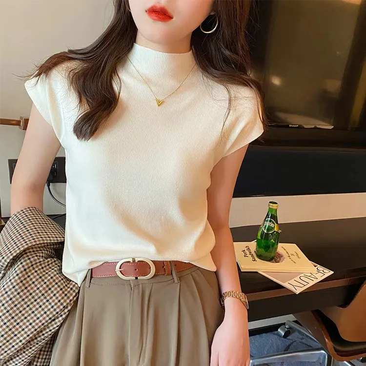 半高领短袖t恤女秋装2025年新款韩版修身显瘦针织衫小飞袖上衣246