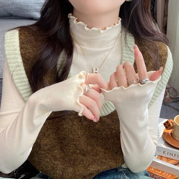 2025秋冬纯色内搭木耳边打底衫女半高领针织衫长袖打底t恤上衣