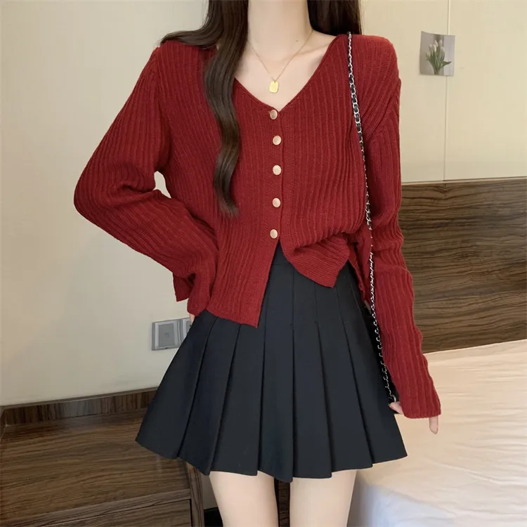 小香风安可拉红V领针织开衫女2025春秋季新款洋气设计感长袖罩衫