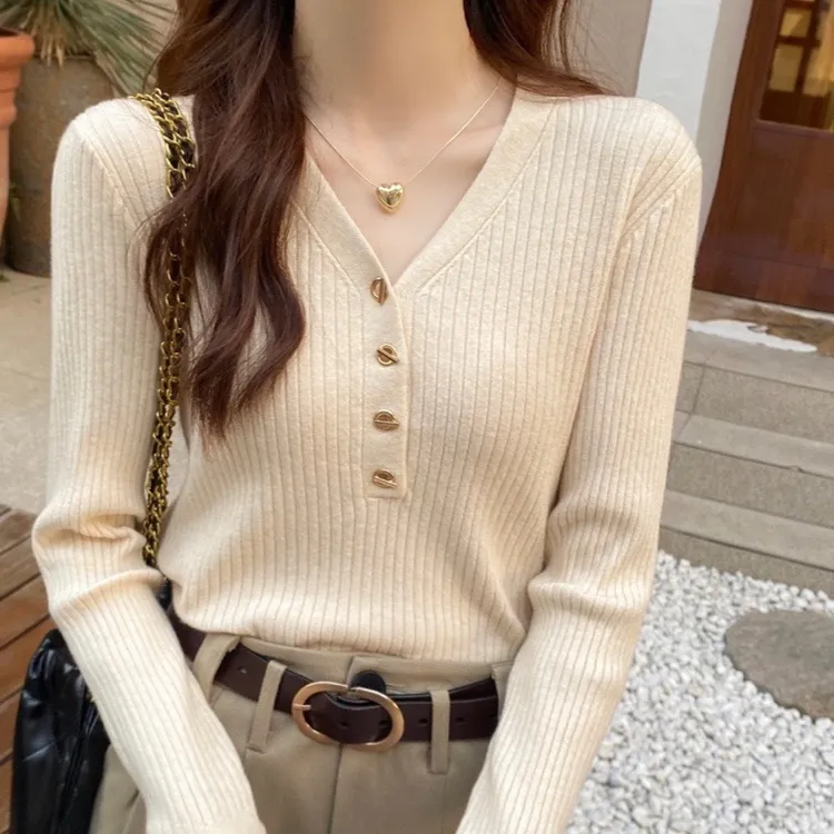 打底衫女小香风内搭春装新款v领针织衫软糯毛衣薄款长袖早秋上衣
