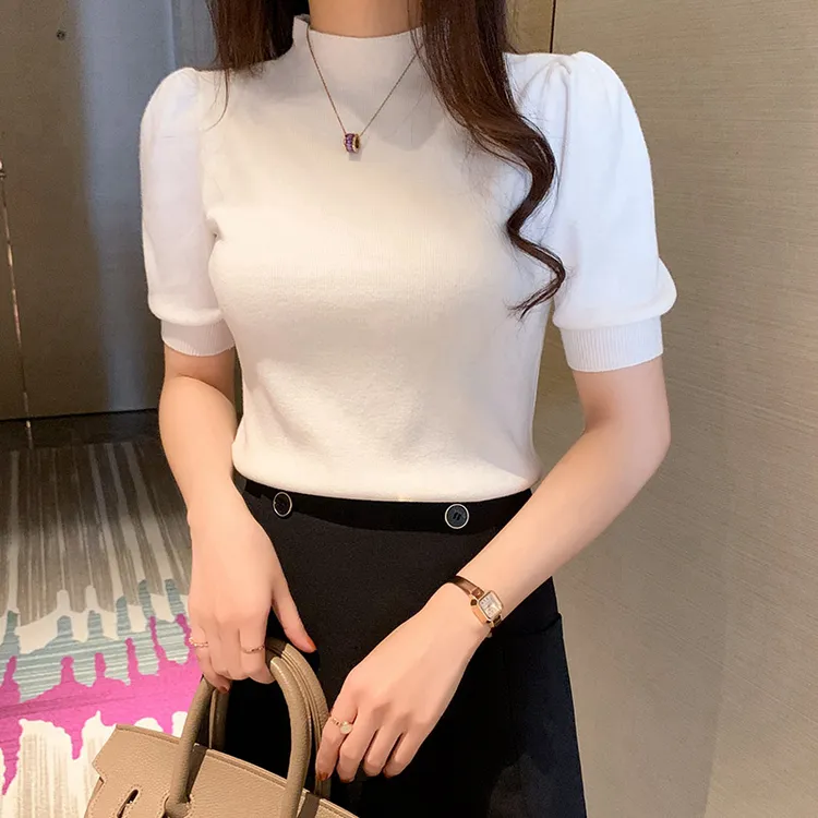 冰丝短袖T恤女港风2025新款春夏季时尚洋派泡泡袖针织衫内搭上衣