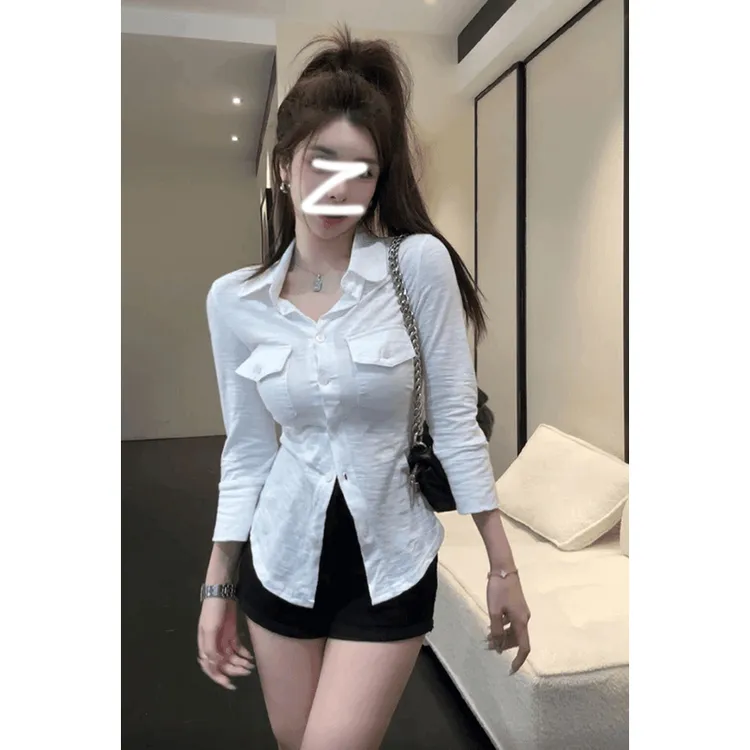【玫瑰的故事】纯欲复古设计感中袖防晒衬衫正肩显瘦辣妹上衣女