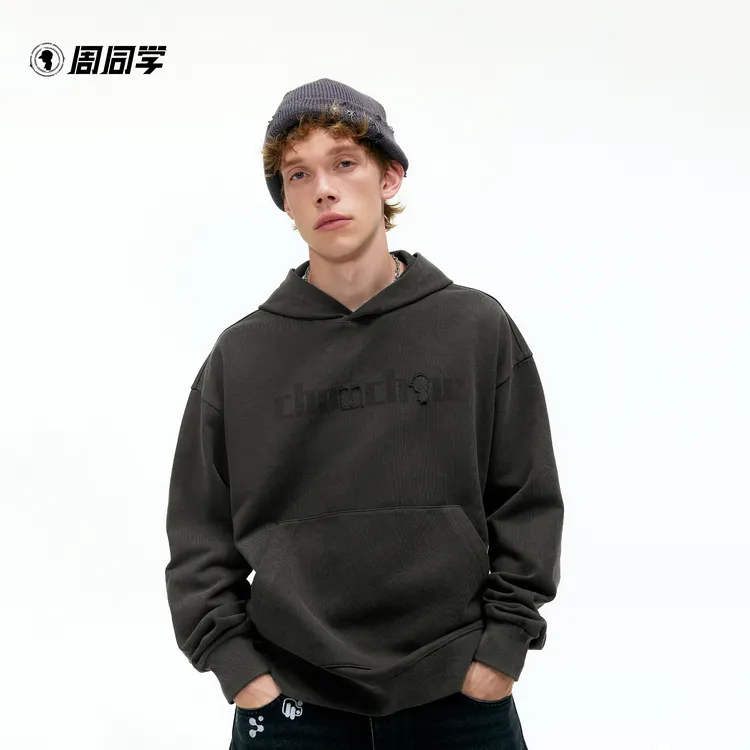 周同学周杰伦重磅炒雪花绣花做旧时尚水洗灰套头卫衣