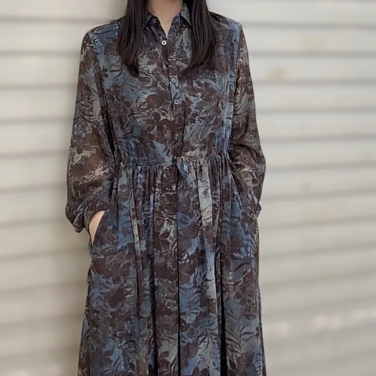 女王家新品衬衣领抽绳宽松侧口袋大码连衣裙
