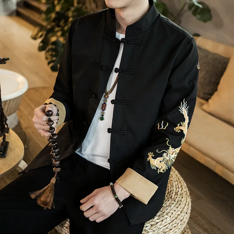 中式刺绣唐装外套中国风男装居士复古风茶禅古装长袖夹克中山装