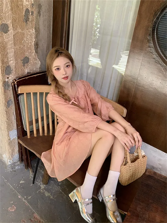 2025新中式粉色宽松圆领防晒衬衫女夏小个子中袖上衣短裙长裙套装