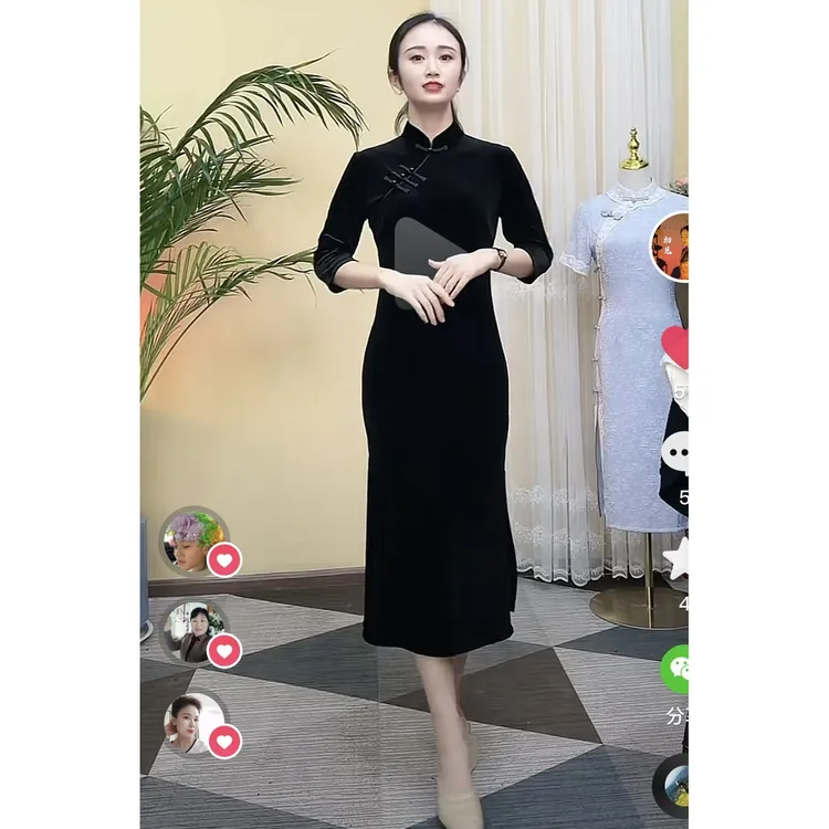【清语】中袖改良女士日常纯色丝绒旗袍春秋新款中长中袖旗袍