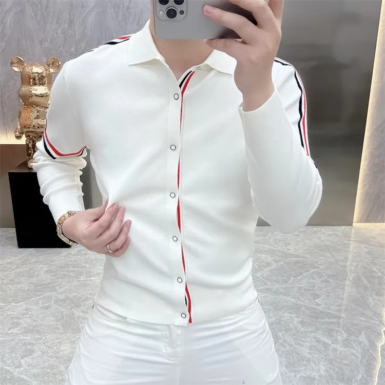 2024秋季新品简约百搭条纹时尚翻领毛衣修身长袖打底针织衫男9120