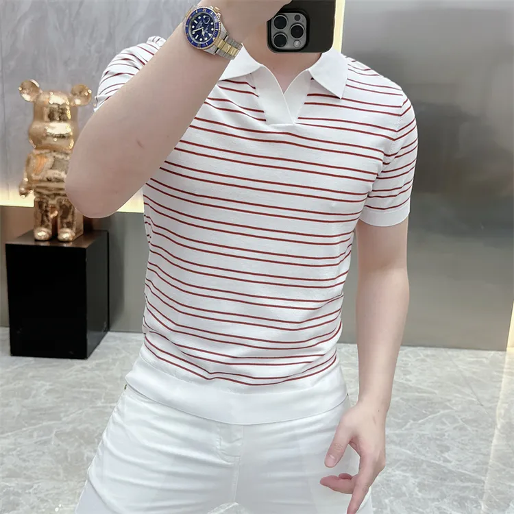 欧货轻奢短袖T恤男装时尚休闲夏季百搭半袖POLO针织修身条纹翻领t
