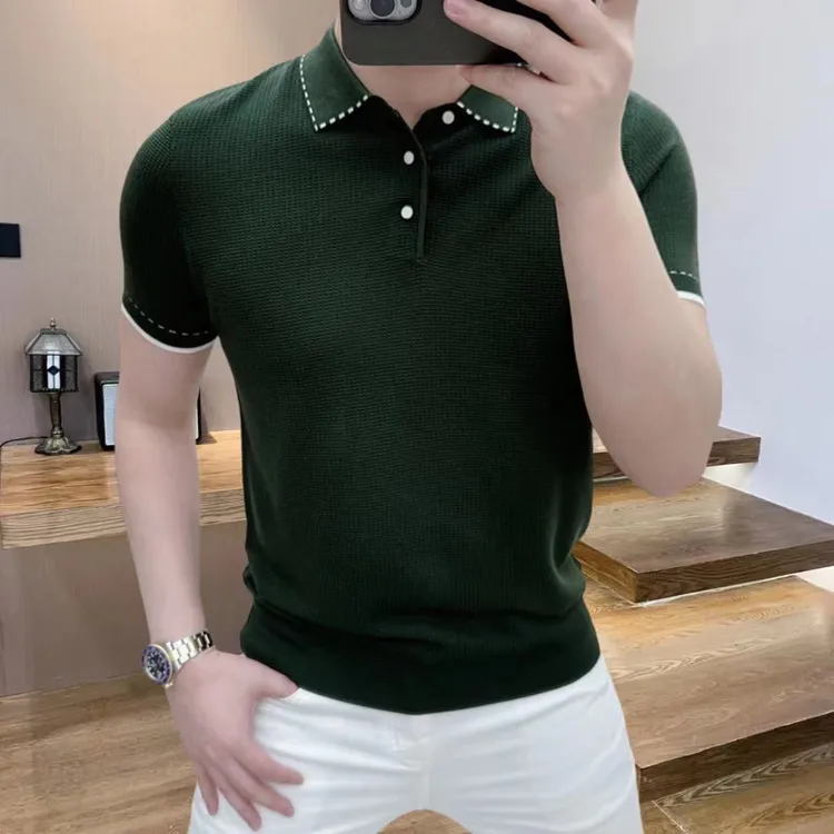 欧货冰麻短袖T恤男士针织半袖上衣服轻奢夏季时尚休闲POLO高品质