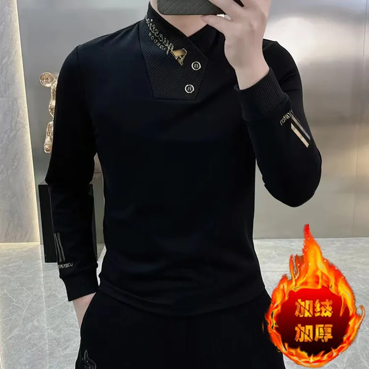 欧货轻奢高品质秋冬款长袖加绒加厚卫衣男装印花圆领打底衫潮666