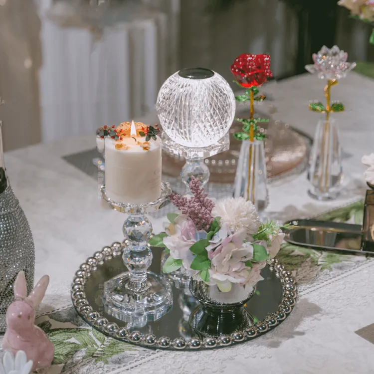 高端轻奢水晶家居烛台镜面托盘餐桌摆件装饰创意摆件烛台