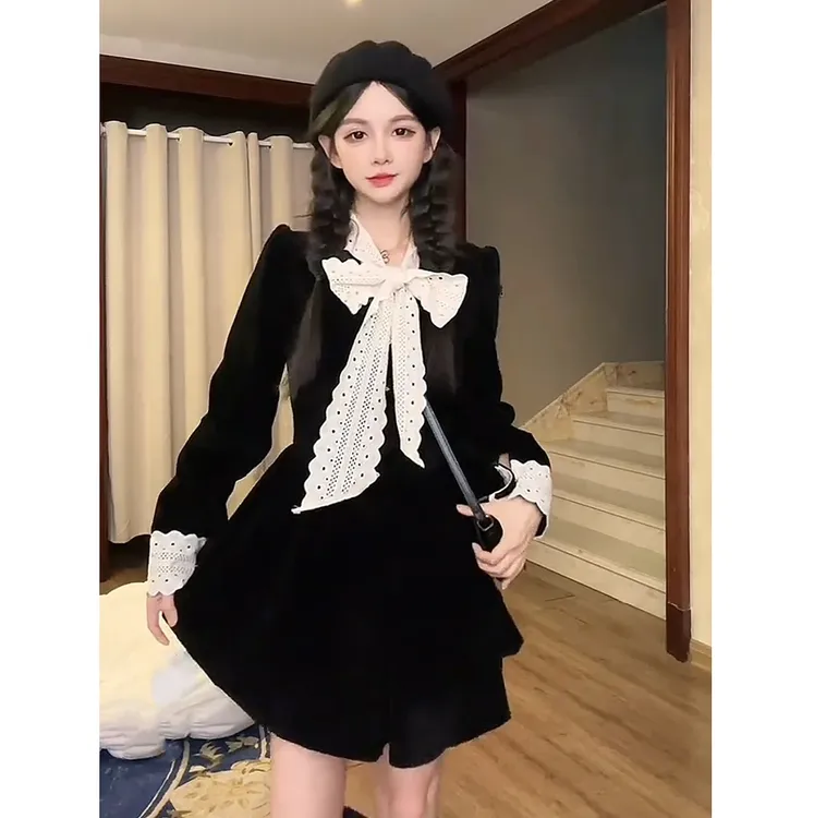 【现货】松露黑巧 复古法式小香黑色丝绒连衣裙女蕾丝拼接公主裙