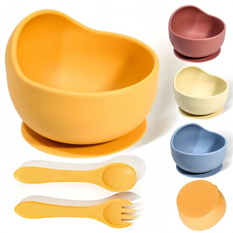 宝宝硅胶蜗牛碗儿童餐具叉勺辅食碗吃饭吸盘碗婴用品硅胶餐盘套装