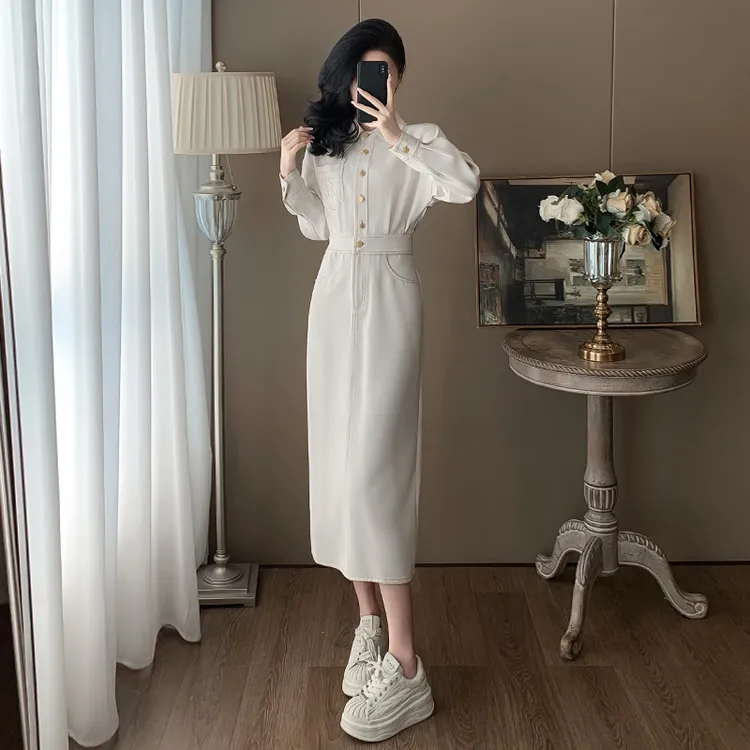 高级感春秋长袖衬衫连衣裙女2024新款收腰显瘦气质翻领过膝长裙子