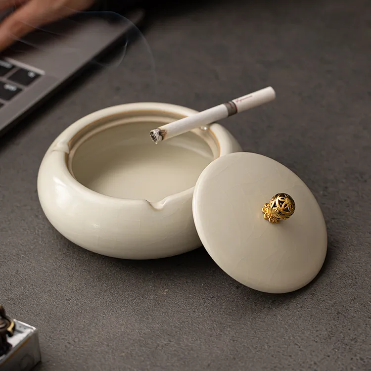 汝窑装饰烟灰缸家用客厅中式仿古装饰烟盅防灰飞陶瓷大号带盖烟槽