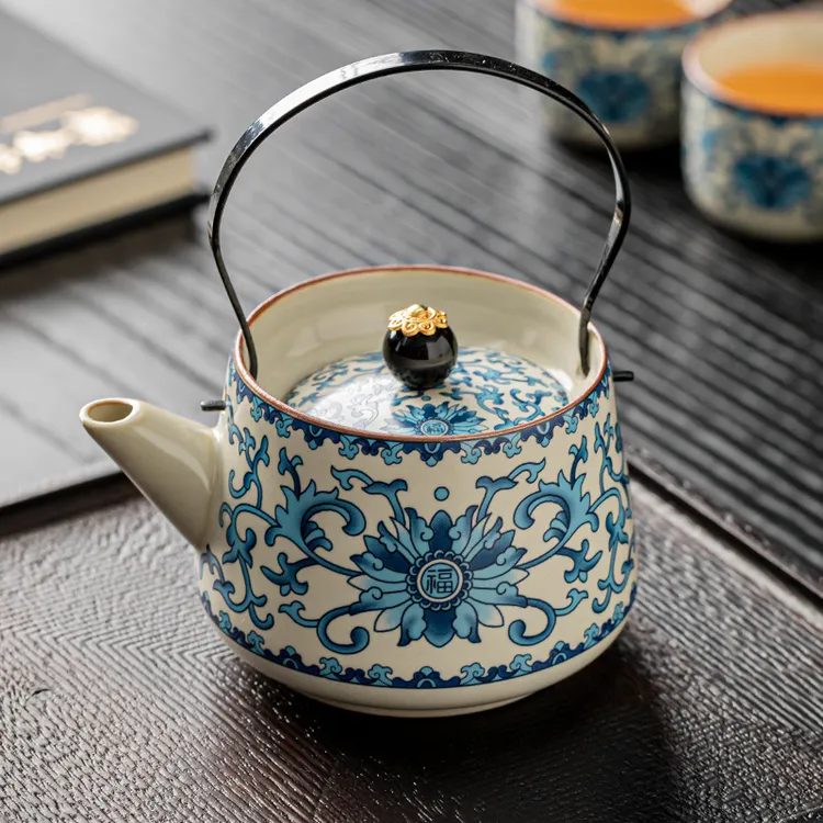 提梁壶单壶家用一人功夫泡茶壶茶杯茶功夫具汝窑开片青花陶瓷防烫