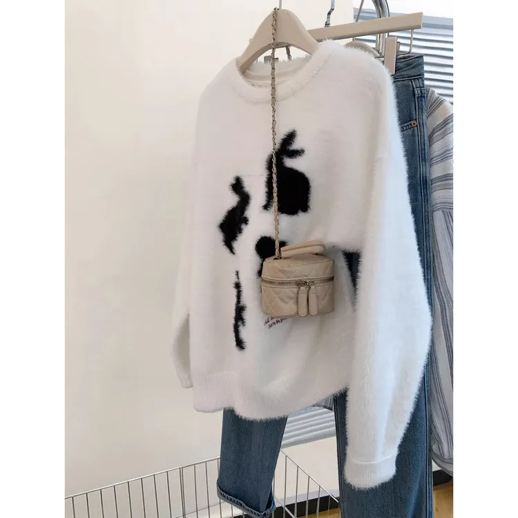 白色水貂绒兔子毛衣女2024秋冬季设计感小众慵懒风加厚针织衫上衣