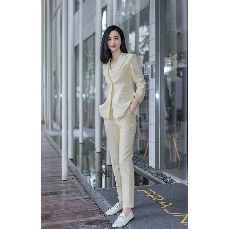 春秋新款浅奶油黄时尚韩版气质修身职业装女神简约休闲西装套装女