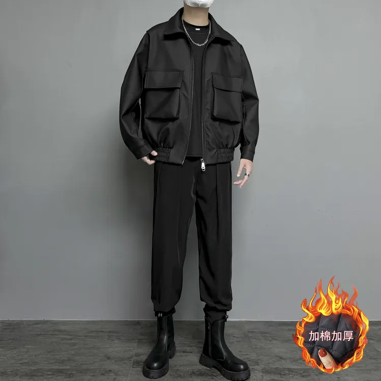 秋冬重磅美式机车风皮棉衣+魔术贴束脚粘粘裤套装百搭潮流痞帅