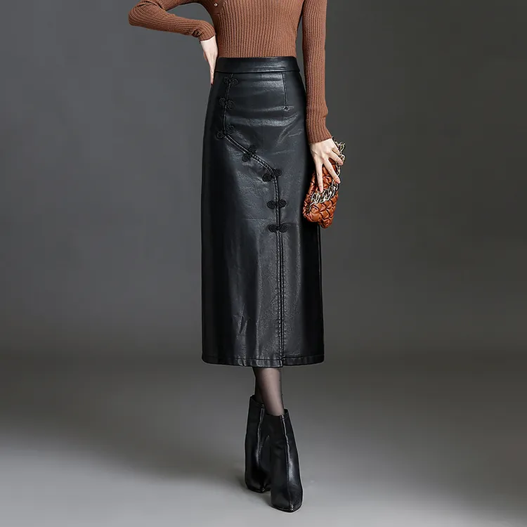 国风盘扣旗袍裙秋季中长款皮裙半身裙秋冬高腰显瘦开叉皮长裙半裙