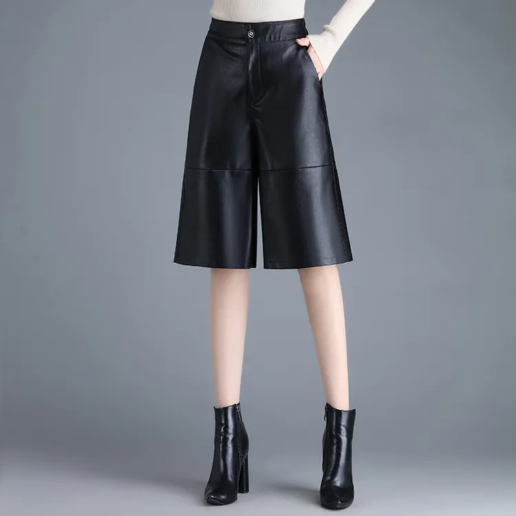 皮短裤女五分裤2025秋冬新款高腰宽松阔腿裤中裤外穿休闲皮裤靴裤