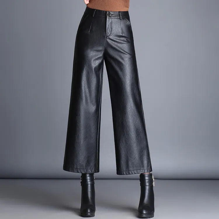 皮裤女宽松阔腿裤秋冬加绒九分裤高腰显瘦小个子窄版直筒裤短靴裤