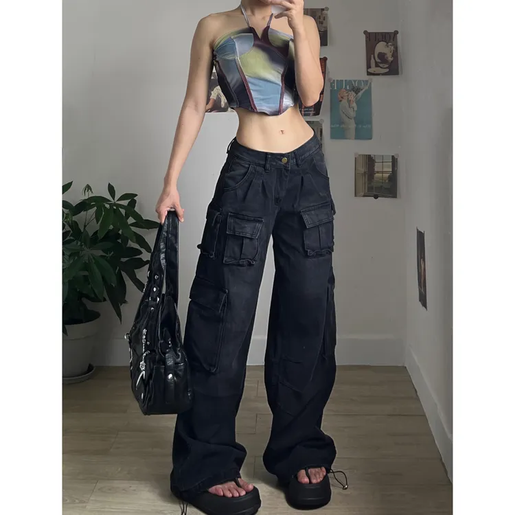 超能吃辣 美式复古低腰y2k高街小众设计感宽松阔腿显瘦牛仔裤女秋