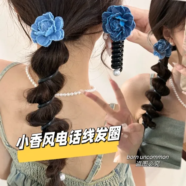 夏天牛仔蓝花朵电话线发圈网红新款皮筋扎头女高级感头花头饰