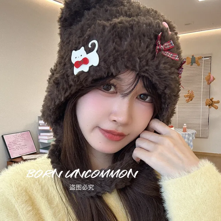 可爱小熊耳朵猫咪蝴蝶结毛绒帽女保暖护耳雷锋帽显发夹脸小帽子