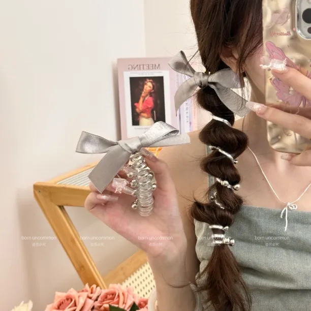 银光闪闪～新款升级银灰色织带蝴蝶结珠珠电话线直发束发圈发绳