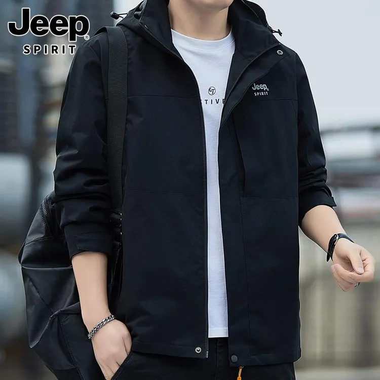 Jeep吉普男士夹克春秋季新款户外宽松大码休闲防风连帽冲锋衣外套