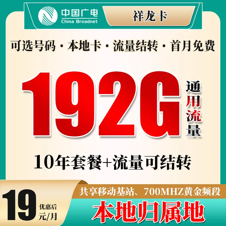 中国广电祥龙卡19元192G大流量卡手机卡流量结转本地归属自选号码