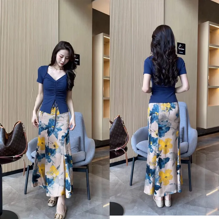 优雅气质抽绳V领短袖上衣+设计师向日葵印花高腰显瘦鱼尾半身裙女