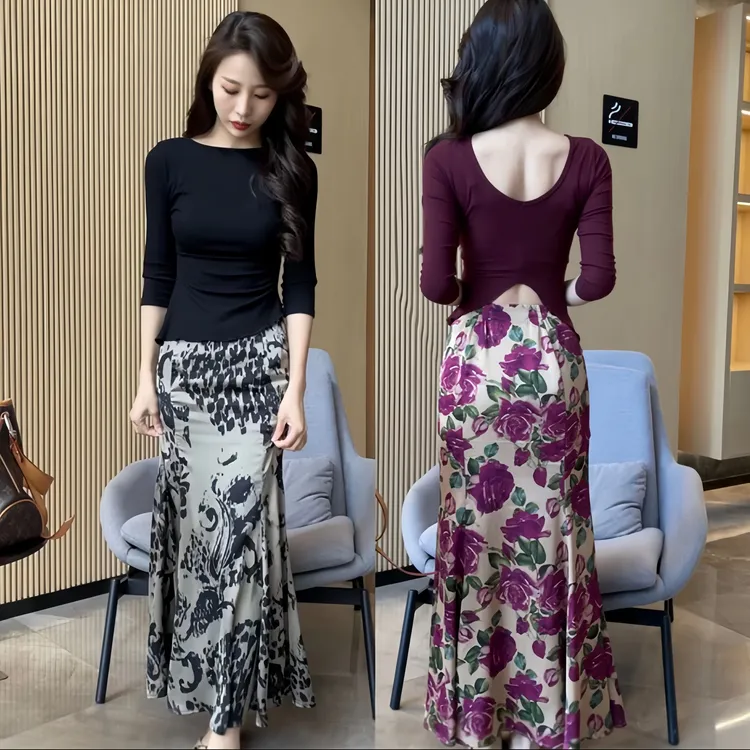 纯欲风前后两穿露背长袖+气质时尚向日葵印花显高显瘦鱼尾半身裙