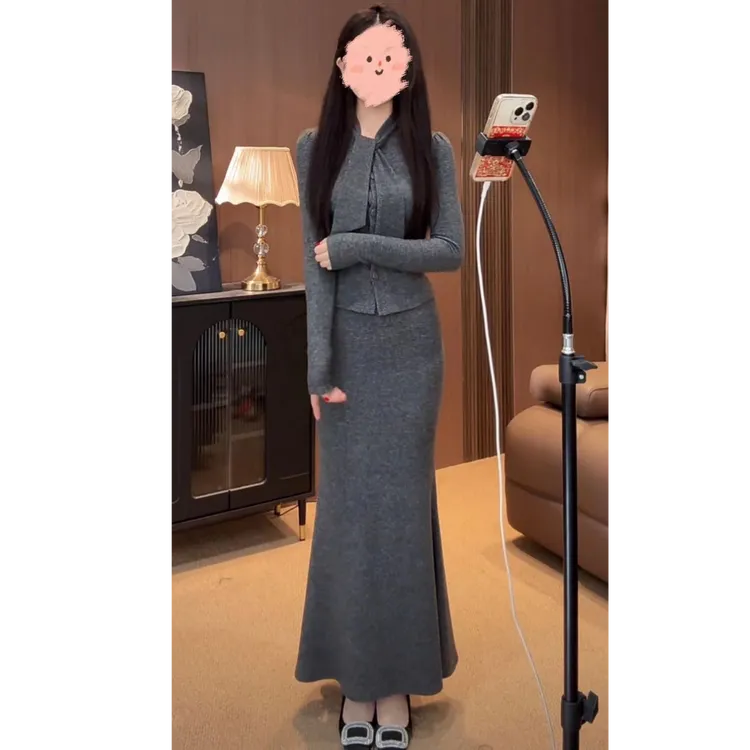 2024秋冬新款时髦修身精致千金轻熟灰色飘带领结上衣 +半身裙