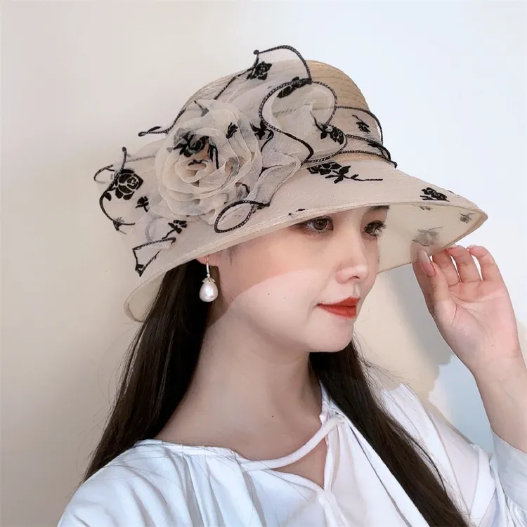 2024夏季女士欧根纱花朵盆帽户外防紫外线太阳时尚防晒遮阳凉帽