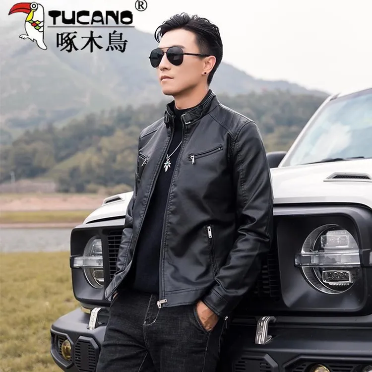 啄木鳥官方正品海宁皮衣男秋冬季男士修身机车服皮夹克男加绒外套