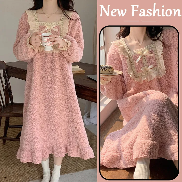 珊瑚绒冬季长袖睡衣女加厚加绒长款过膝睡裙学生可爱公主风家居服