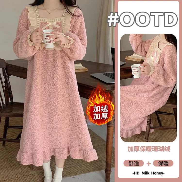 珊瑚绒冬季长袖睡衣女加厚加绒保暖过膝长款睡裙可爱甜美风家居服
