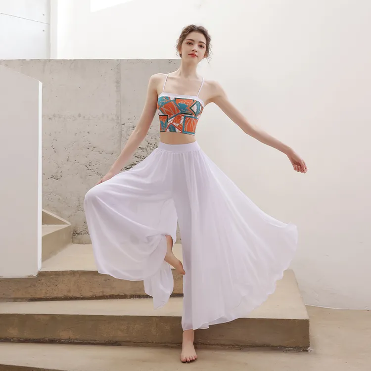 古典舞敦煌风瑜伽服套装女夏撞色印花背心仙气雪纺纱裤两件装